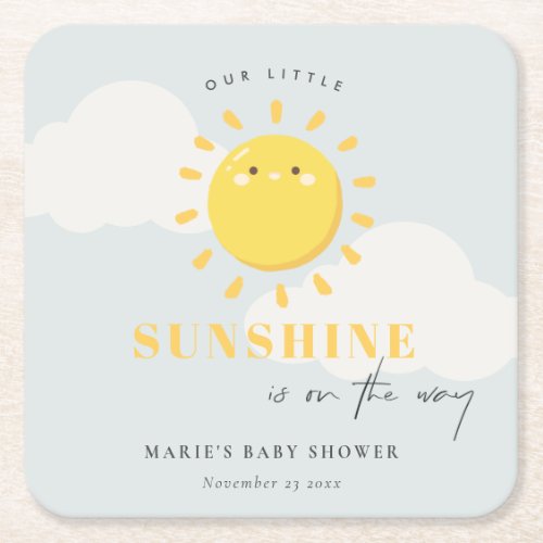 Cute Our Little Sunshine Blue Boy Baby Shower Square Paper Coaster