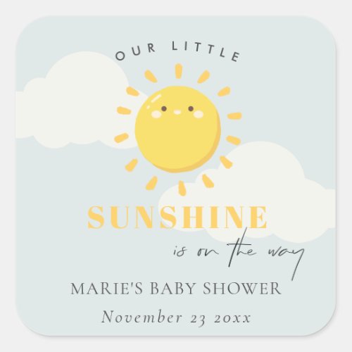 Cute Our Little Sunshine Blue Boy Baby Shower Square Sticker