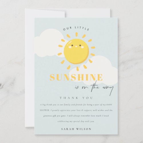 Cute Our Little Sunshine Blue Boy Baby Shower Thank You Card