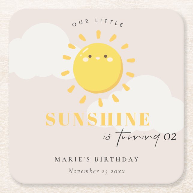 Cute Our Little Sunshine Blush Any Age Birthday Square Paper Coaster (Front)