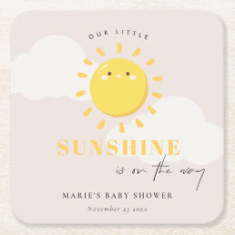 Cute Our Little Sunshine Blush Girl Baby Shower Square Paper Coaster