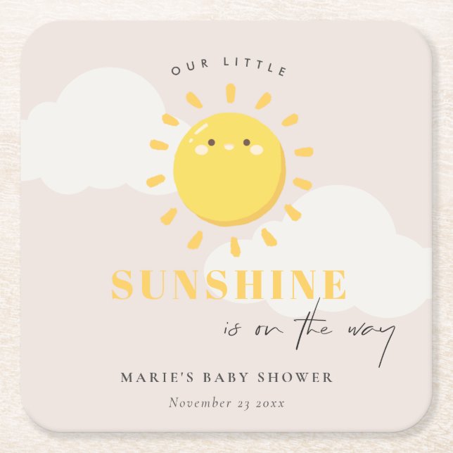 Cute Our Little Sunshine Blush Girl Baby Shower Square Paper Coaster (Front)