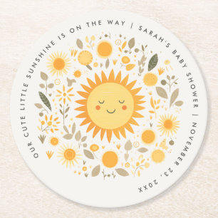 Cute Our Little Sunshine Boho Sun Baby Shower Round Paper Coaster