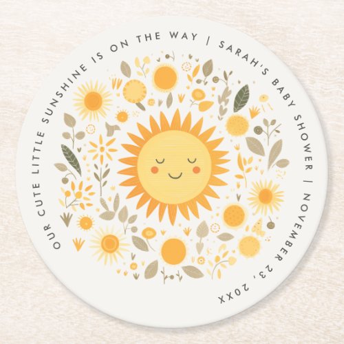 Cute Our Little Sunshine Boho Sun Baby Shower Round Paper Coaster