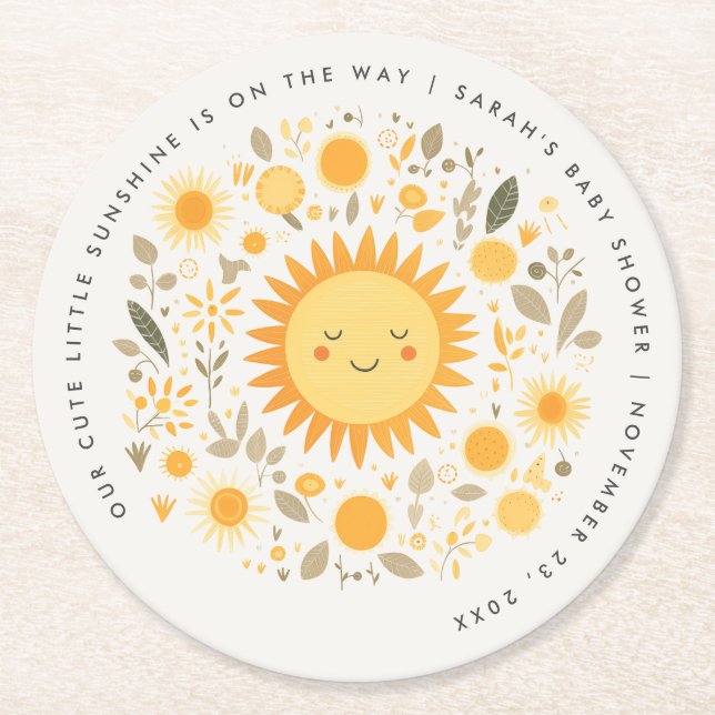 Cute Our Little Sunshine Boho Sun Baby Shower Round Paper Coaster (Front)