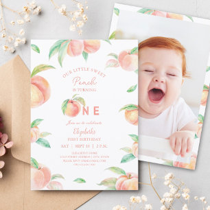 Cute Our Little Sweet Peach is One Birthday Photo Invitation