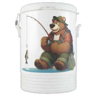 Cute, outdoorsman bear fishing beverage cooler