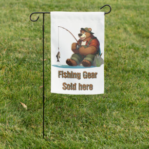 Cute, outdoorsman bear fishing garden flag