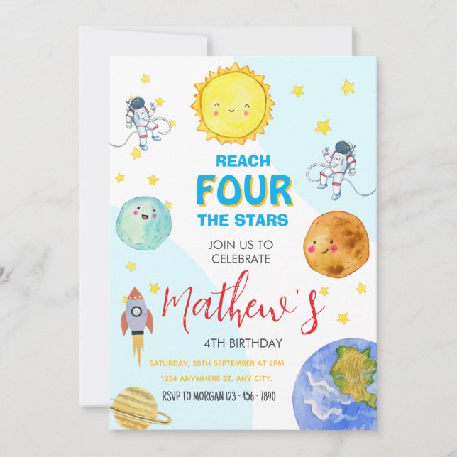 Cute Outer Space 4th Kid Birthday Invitation (Front)