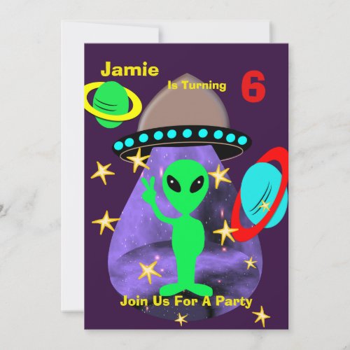 Cute outer Space Alien Themed Birthday Party Invitation