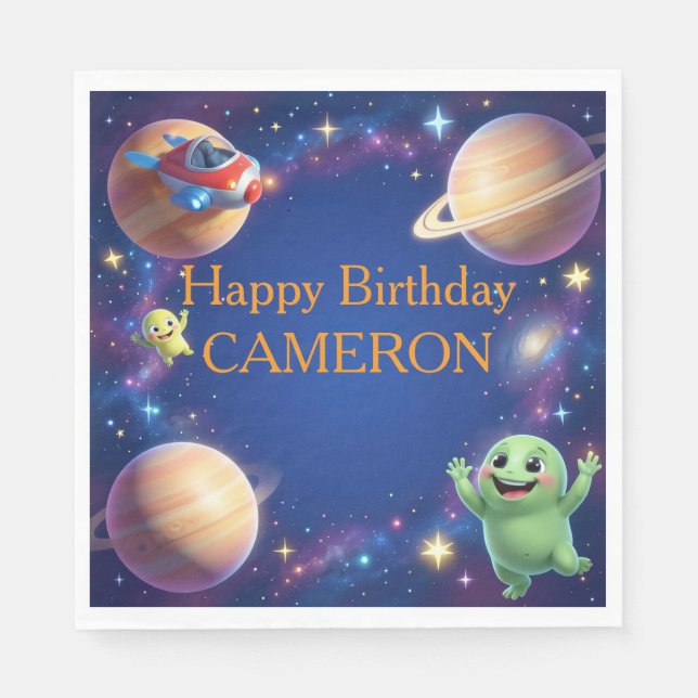Cute Outer Space Aliens Birthday Party Napkins (Front)