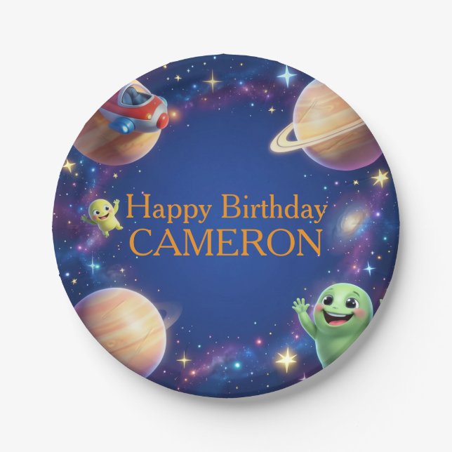 Cute Outer Space Aliens Birthday Party Paper Plates (Front)