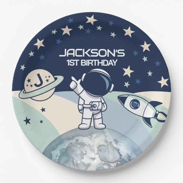 Cute Outer Space Astronaut Birthday Paper Plates (Front)