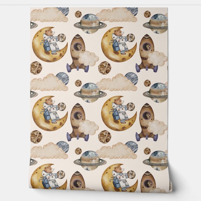 Cute Outer Space Bear Astronaut Moon & Planets Boy Wallpaper (Unrolling)