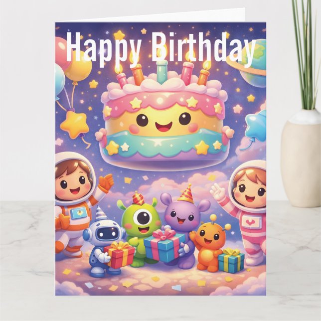 Cute Outer Space Birthday Party with Astronauts  Card (Front)