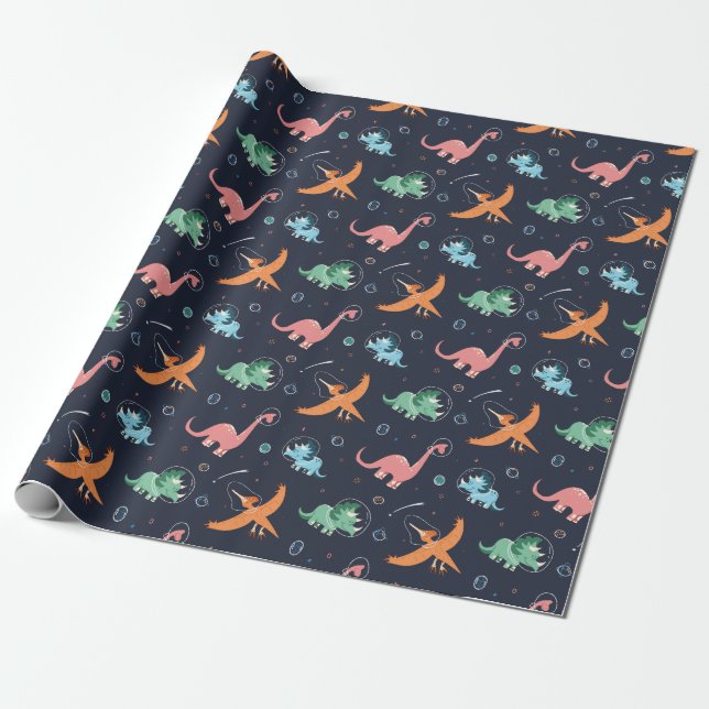 Cute Outer Space Dinosaur Holiday Christmas Wrapping Paper (Unrolled)