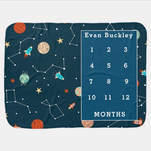 Cute Outer Space Planets Rockets Monthly Milestone Baby Blanket