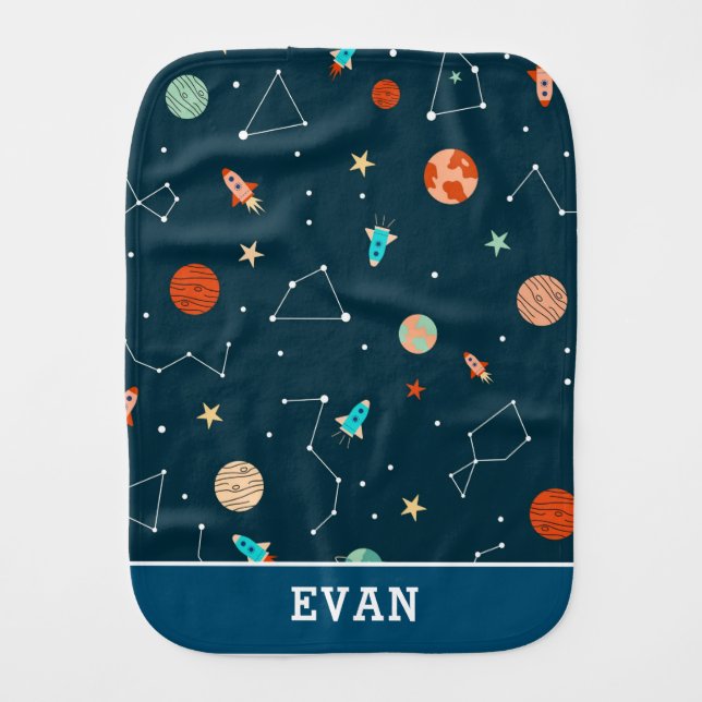 Cute Outer Space Planets Rockets Stars Baby Burp Cloth (Front)