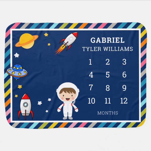 Cute Outer Space Rocket Baby Boy Monthly Milestone Baby Blanket (Horizontal)