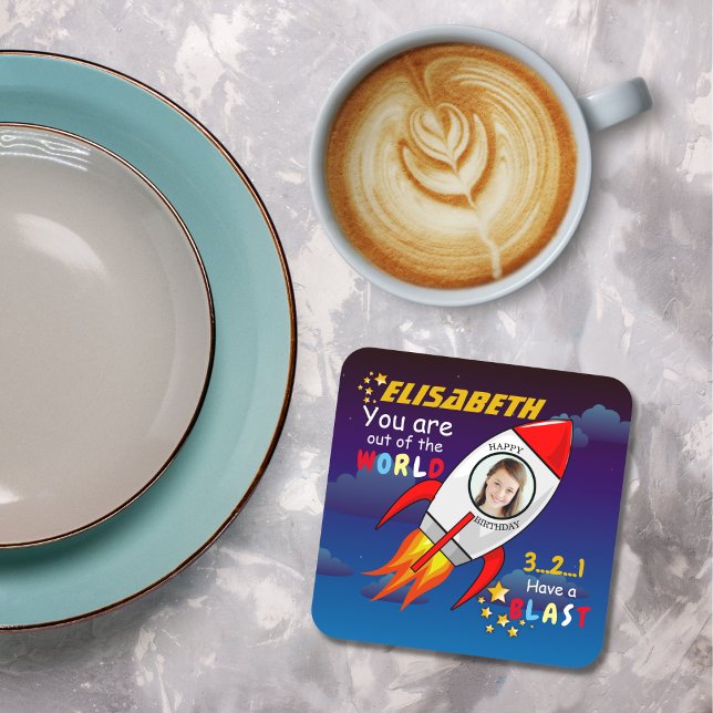 Cute Outer Space Rocket Ship Blast Off Birthday Beverage Coaster (Creator Uploaded)