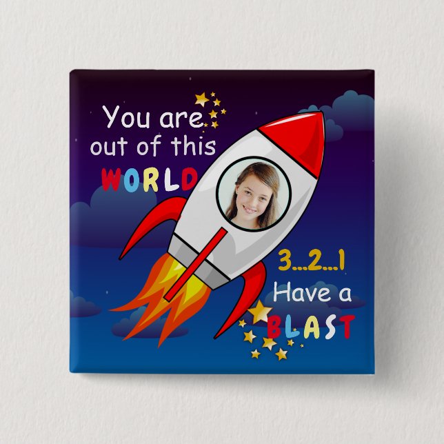Cute Outer Space Rocket Ship Blast Off Birthday Button (Front)