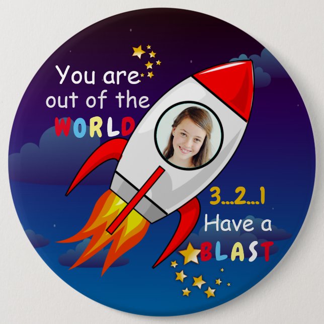 Cute Outer Space Rocket Ship Blast Off Birthday Button (Front)