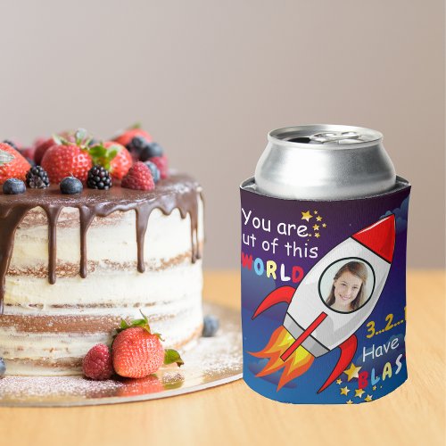 Cute Outer Space Rocket Ship Blast Off Birthday Can Cooler