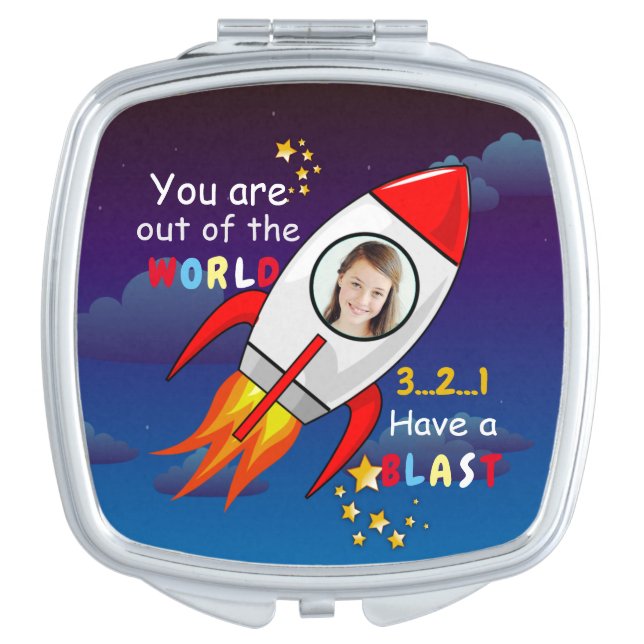 Cute Outer Space Rocket Ship Blast Off Birthday Compact Mirror (Front)
