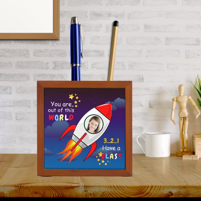 Cute Outer Space Rocket Ship Blast Off Birthday Desk Organizer (Creator Uploaded)