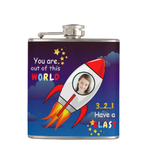 Cute Outer Space Rocket Ship Blast Off Birthday Flask
