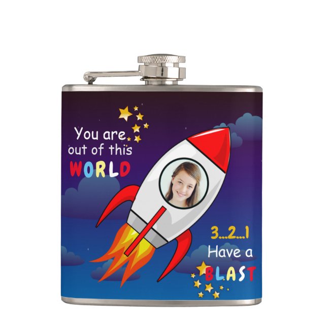 Cute Outer Space Rocket Ship Blast Off Birthday Flask (Front)