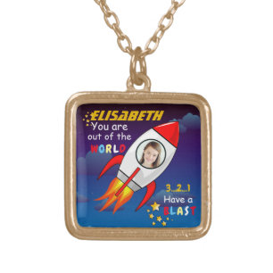 Cute Outer Space Rocket Ship Blast Off Birthday Gold Plated Necklace