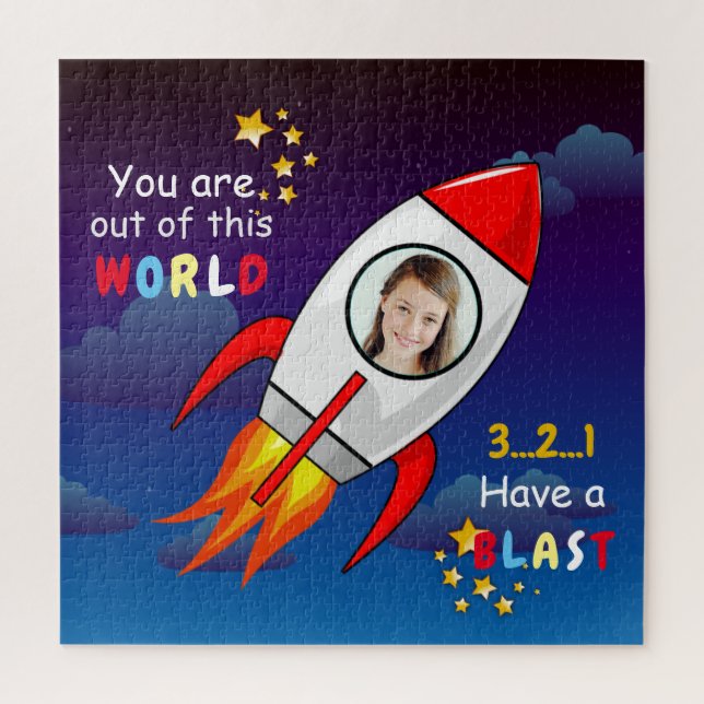 Cute Outer Space Rocket Ship Blast Off Birthday Jigsaw Puzzle (Vertical)