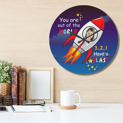 Cute Outer Space Rocket Ship Blast Off Birthday Large Clock