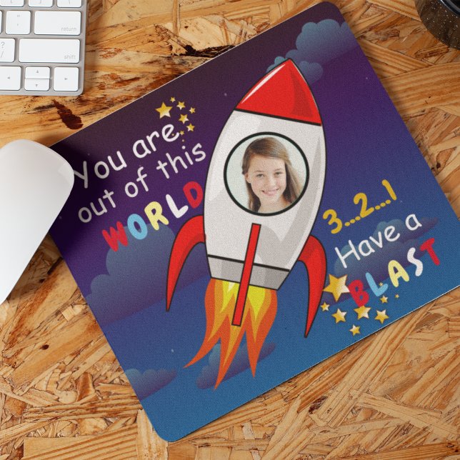 Cute Outer Space Rocket Ship Blast Off Birthday Mouse Pad (Creator Uploaded)