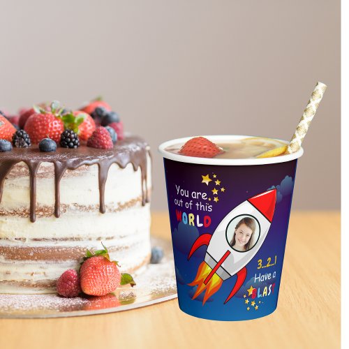Cute Outer Space Rocket Ship Blast Off Birthday Paper Cups