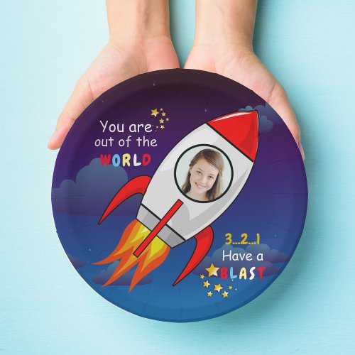 Cute Outer Space Rocket Ship Blast Off Birthday Paper Plates