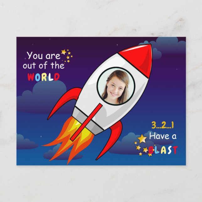 Cute Outer Space Rocket Ship Blast Off Birthday Postcard (Front)