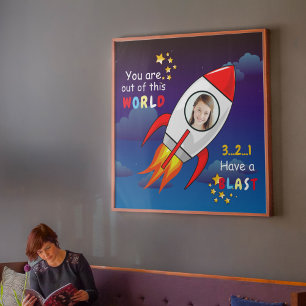 Cute Outer Space Rocket Ship Blast Off Birthday Poster