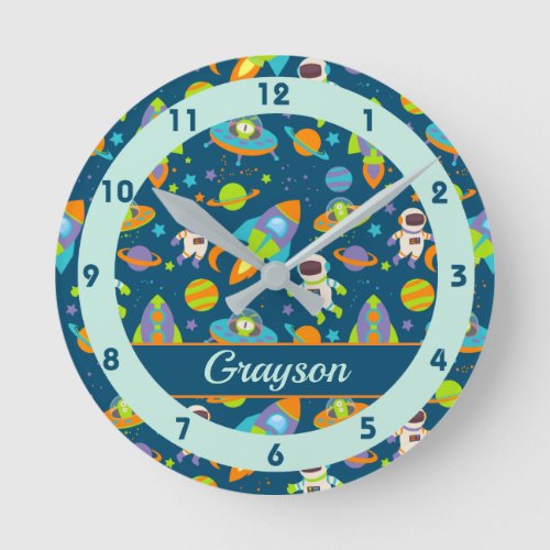 Cute Outer Space Rockets and Astronaut Round Clock