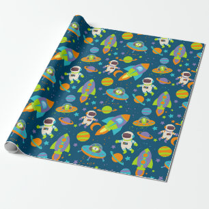 Cute Outer Space Rockets and Astronaut Wrapping Paper