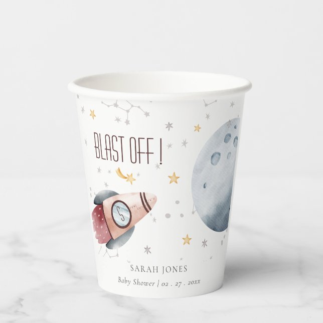 Cute Outer Space Starry Planet Rocket Baby Shower Paper Cups (Front)