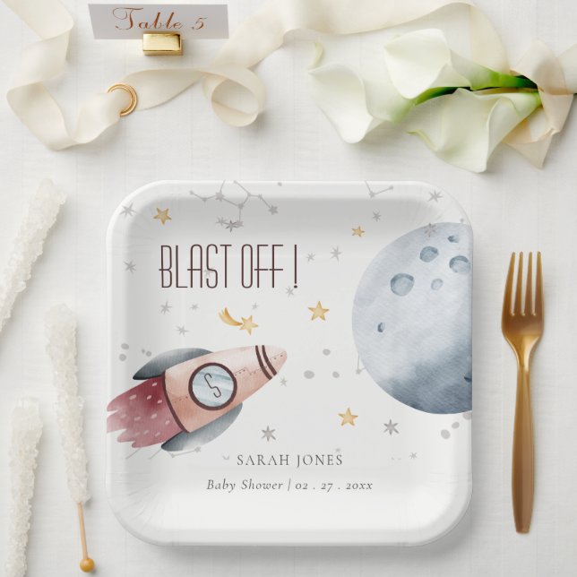 Cute Outer Space Starry Planet Rocket Baby Shower Paper Plates (Wedding)