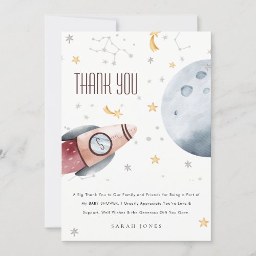 Cute Outer Space Starry Planet Rocket Baby Shower Thank You Card
