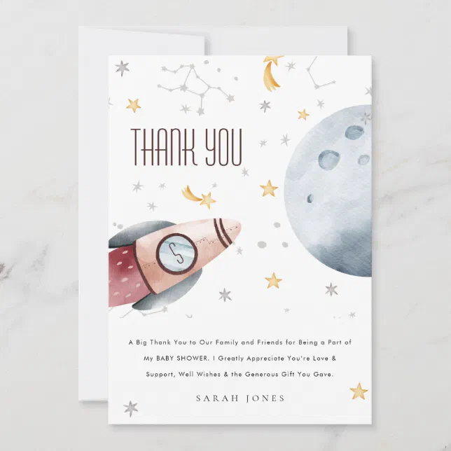 Cute Outer Space Starry Planet Rocket Baby Shower Thank You Card | Zazzle