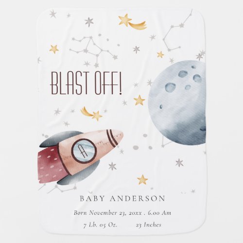 Cute Outer Space Starry Planet Rocket Birth Stats Baby Blanket