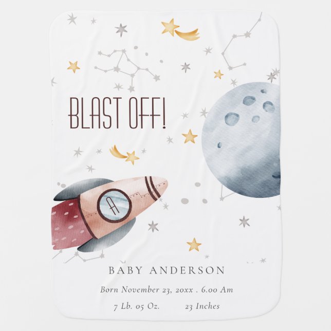Cute Outer Space Starry Planet Rocket Birth Stats Baby Blanket (Front)