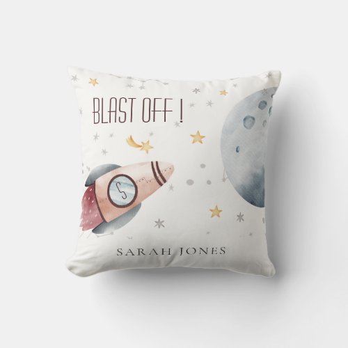 Cute Outer Space Starry Planet Rocket Monogram Kid Throw Pillow