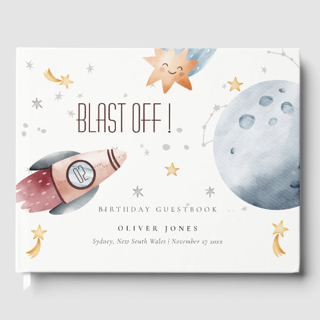 Cute Outer Space Starry Planets Any Age Birthday  Guest Book (Front)