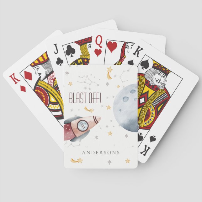 Cute Outer Space Starry Planets Monogram Boys Poker Cards (Back)